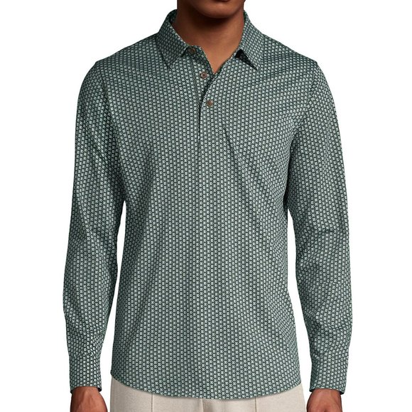 Lands' End Shirts Lands End Mens Long Sleeve Supima Jersey Polo Shirt Dark Green Medallion